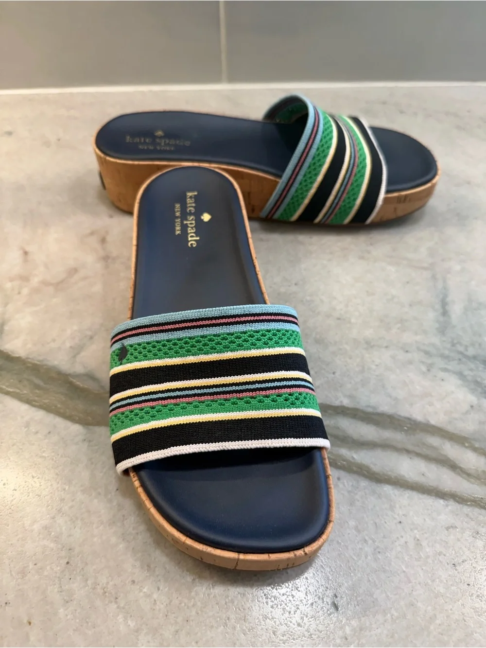 kate spade Navy, Green & Black Striped Cork Slide Sandals